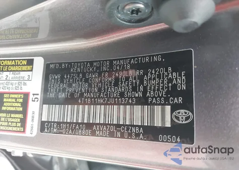 2018 Toyota Camry Le z USA, uszkodzony, nr VIN 4T1B11HK7JU113743